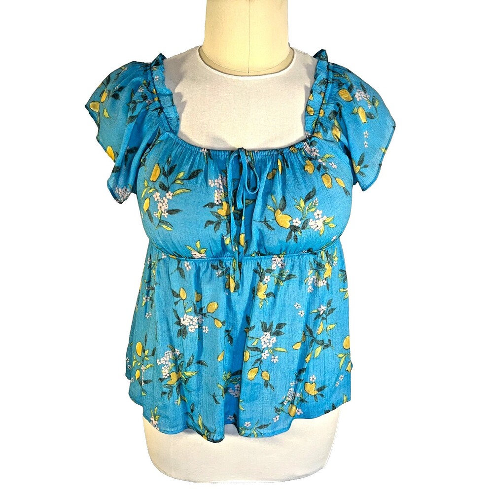 Perch - Peplum Blouse Women's 2XL Aqua Blue Floral Square Neck Ruffle Short Slv